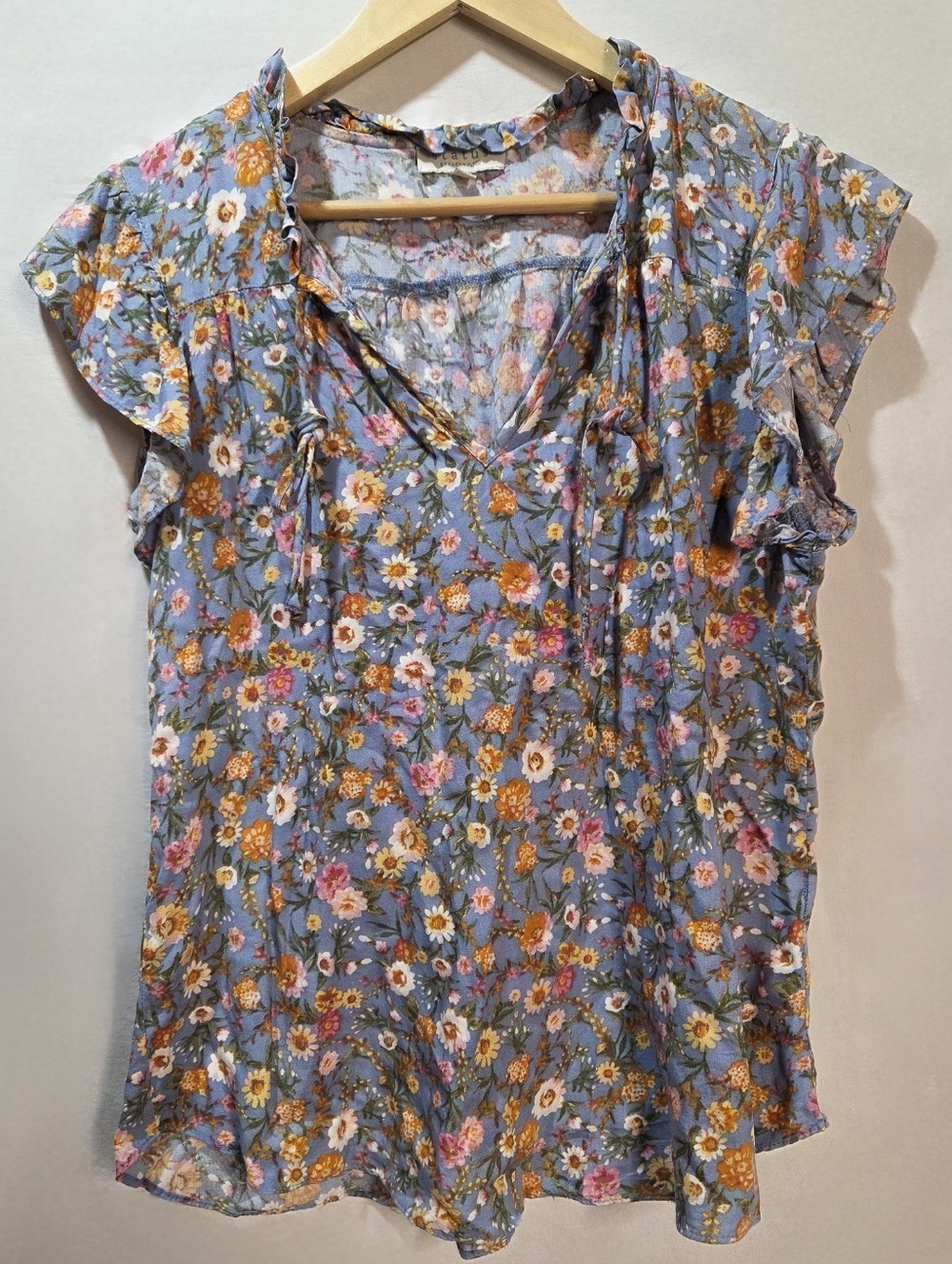 Boho Status by Chenault Women's S Blue Floral Ruffle Sleeve Blouse Tank Top
